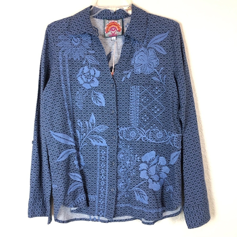 Johnny Was Lyra Relaxed Linen Embroidered Button Down Shirt Top Blue Small Nwt
